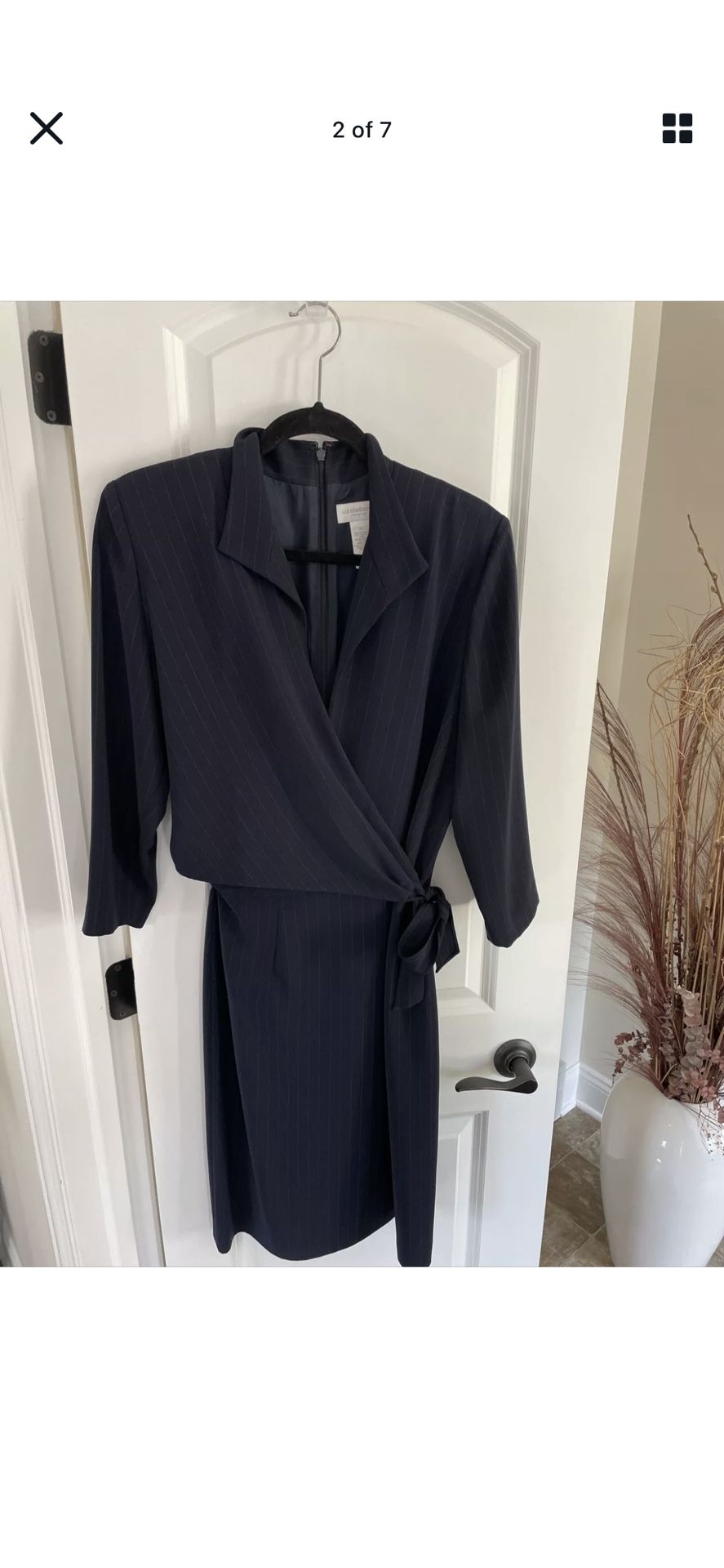 Liz Claiborne Wrap Dress: Navy Blue with Metallic Striping and Side Tie Size 12