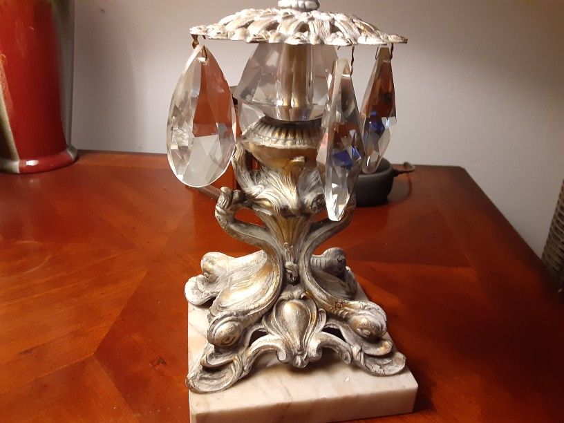 REALLY NEAT BRASS and Marble CANDLE HOLDER WITH TEAR Drops THIS IS Heavy VERY NICE