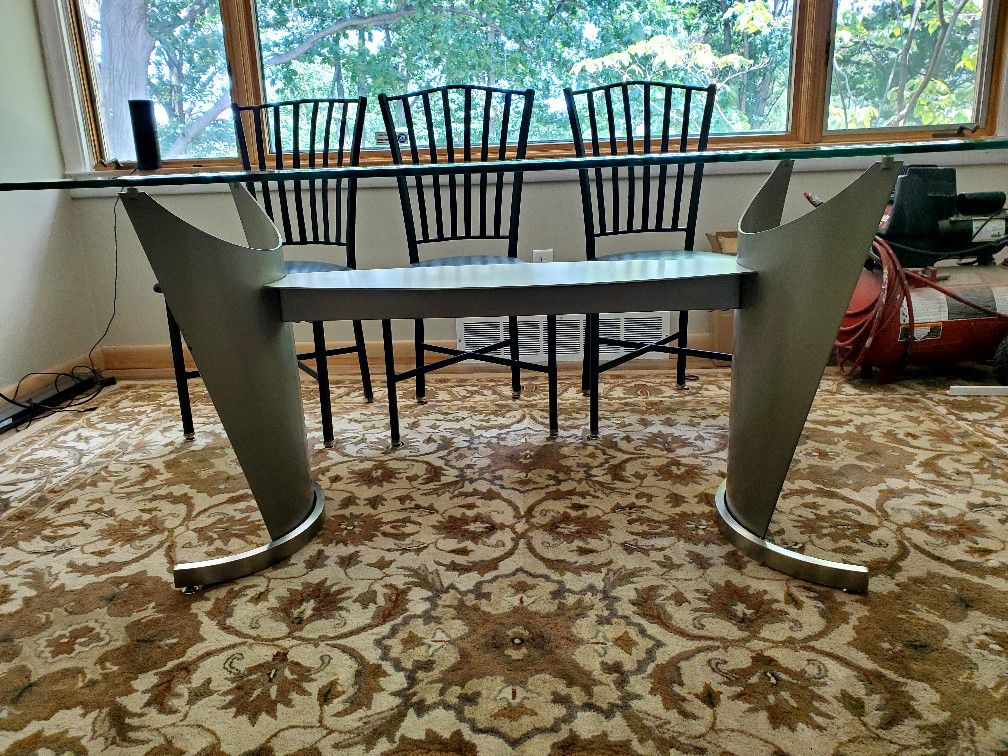 Industrial Silver Stainless Steel Modern Dining Kitchen Table New Cost $800 1/4" Beveled Glass