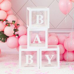 Baby Shower Boxes Party Decorations, 4-Pack Transparent Balloons Boxes Décor with BABY Letters Blocks for Boys Girls Baby Shower Decorations Gender Re Thumbnail