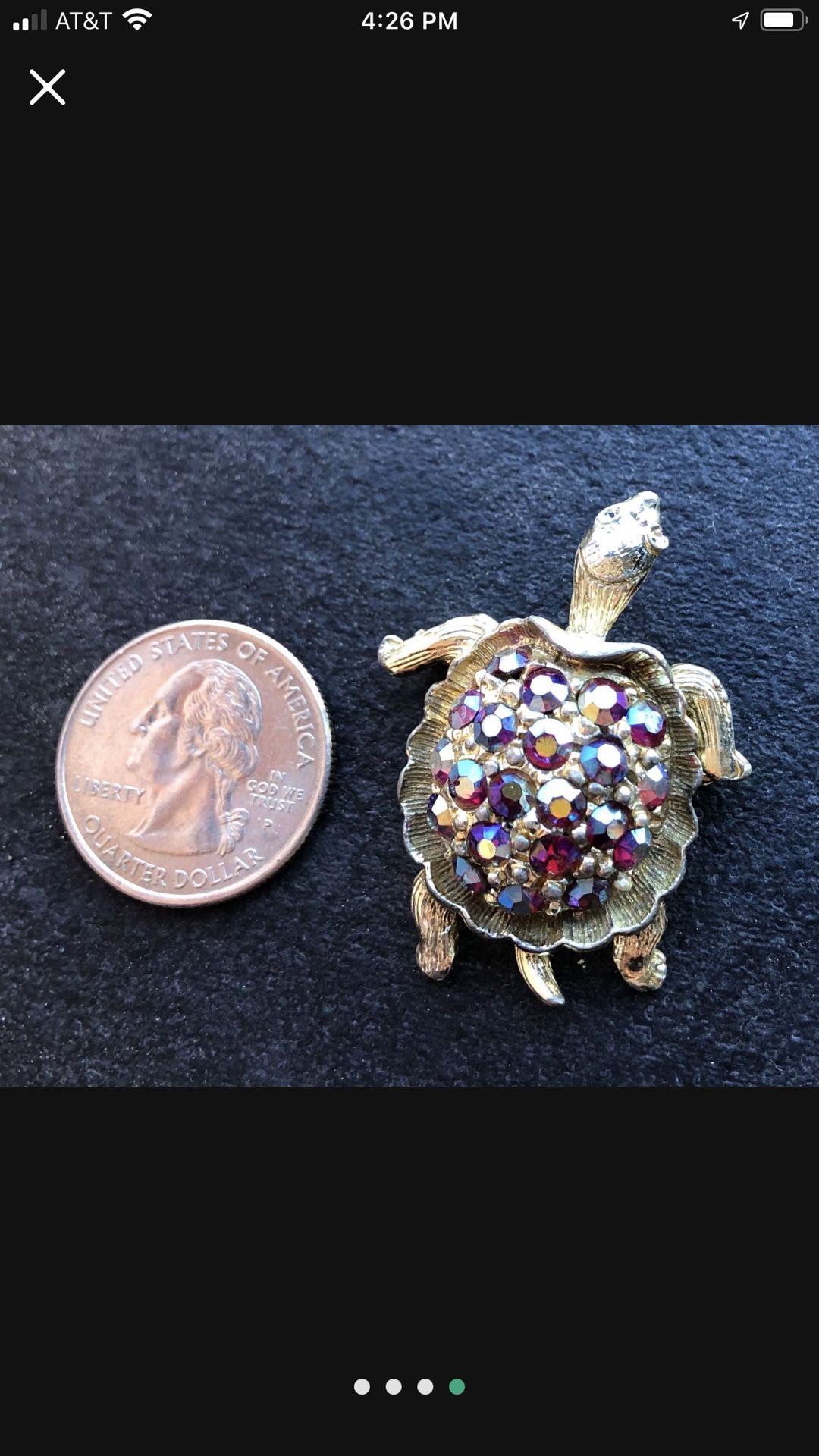 1 1/2 inch Vintage turtle pin brooch red rhinestones gold tone