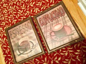 Coffee shop kitchen wall decoration frames 2 frames measure about 12 inches wide and about 15 and half inches tall. One frame has the glass the oth Thumbnail