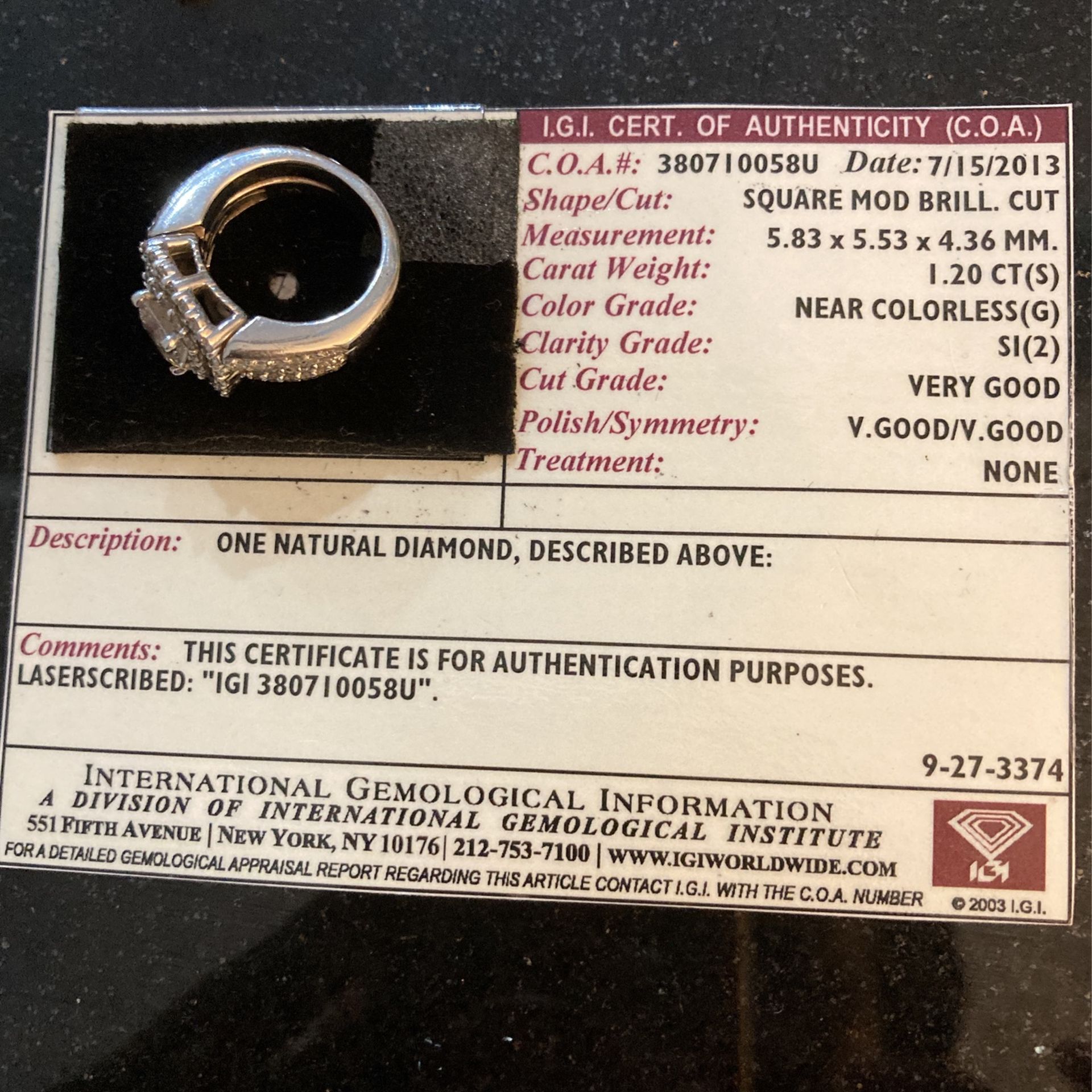 Diamond Wedding Ring 1.2 CT SI(2) Color G
