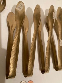 Vintage Set of 7 Brass Serving Utensils, 2 Strainers Spoons and 5 Tongs, 13" and 9" Long Each One, Heavy Duty, Quality, Kitchen Decor, Hanging Display Thumbnail