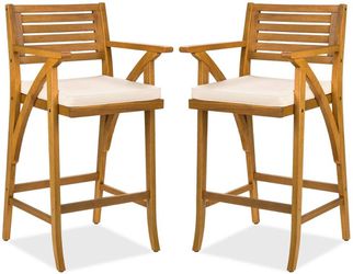 2pc Stool Chairs with Cushion, Teak Finish Thumbnail