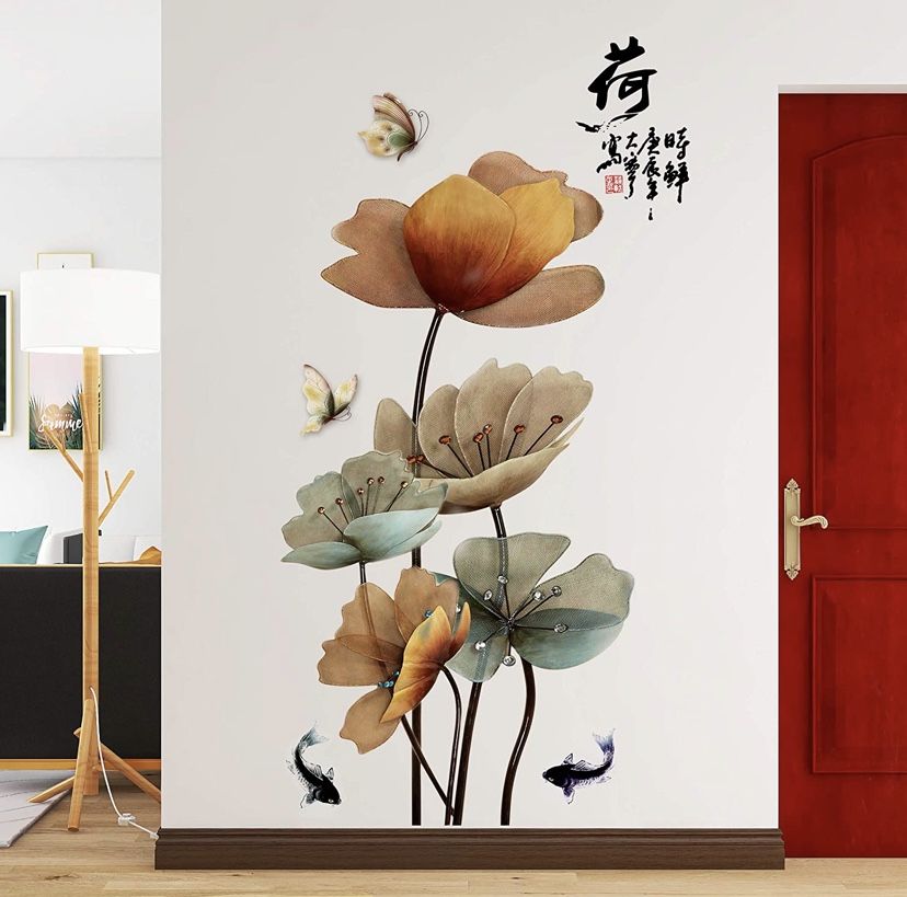 LLYDD Lotus Wall Sticker Green Leaves Fish Butterfly Wall Stickers Decal Art Decor Peel Stick Self - Adhesive for Living Room Bedroom Kitchen Playroom