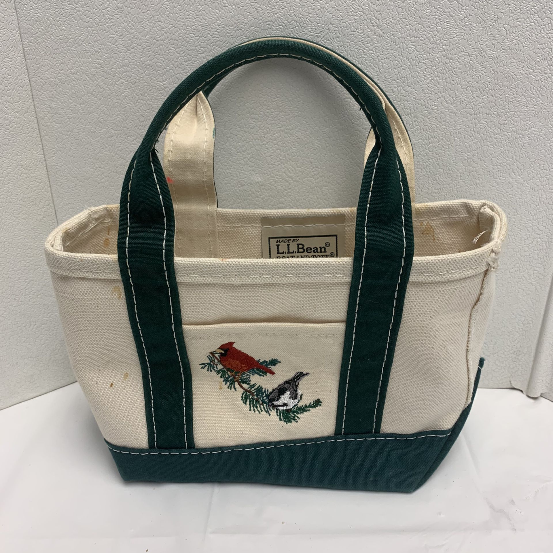 LL Bean Canvas Bag Boat & Tote Bag Small Green & Cream Embroidered Cardinal USA