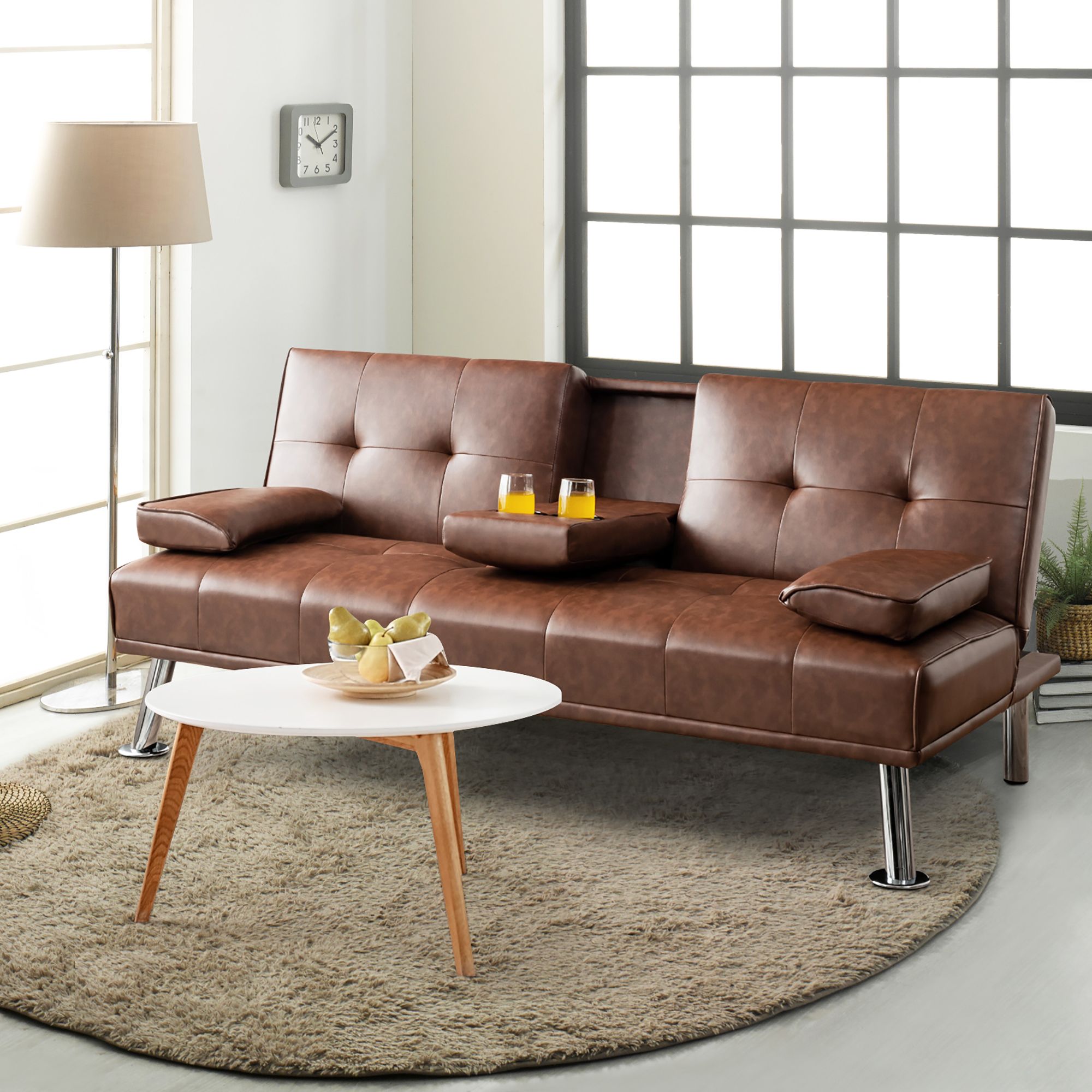 Costway Convertible Folding Futon Sofa Bed Leather w/Cup Holders&Armrests Brown