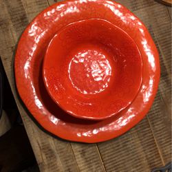Wood Cutting Board and Red Salad Bowl with Tray Thumbnail