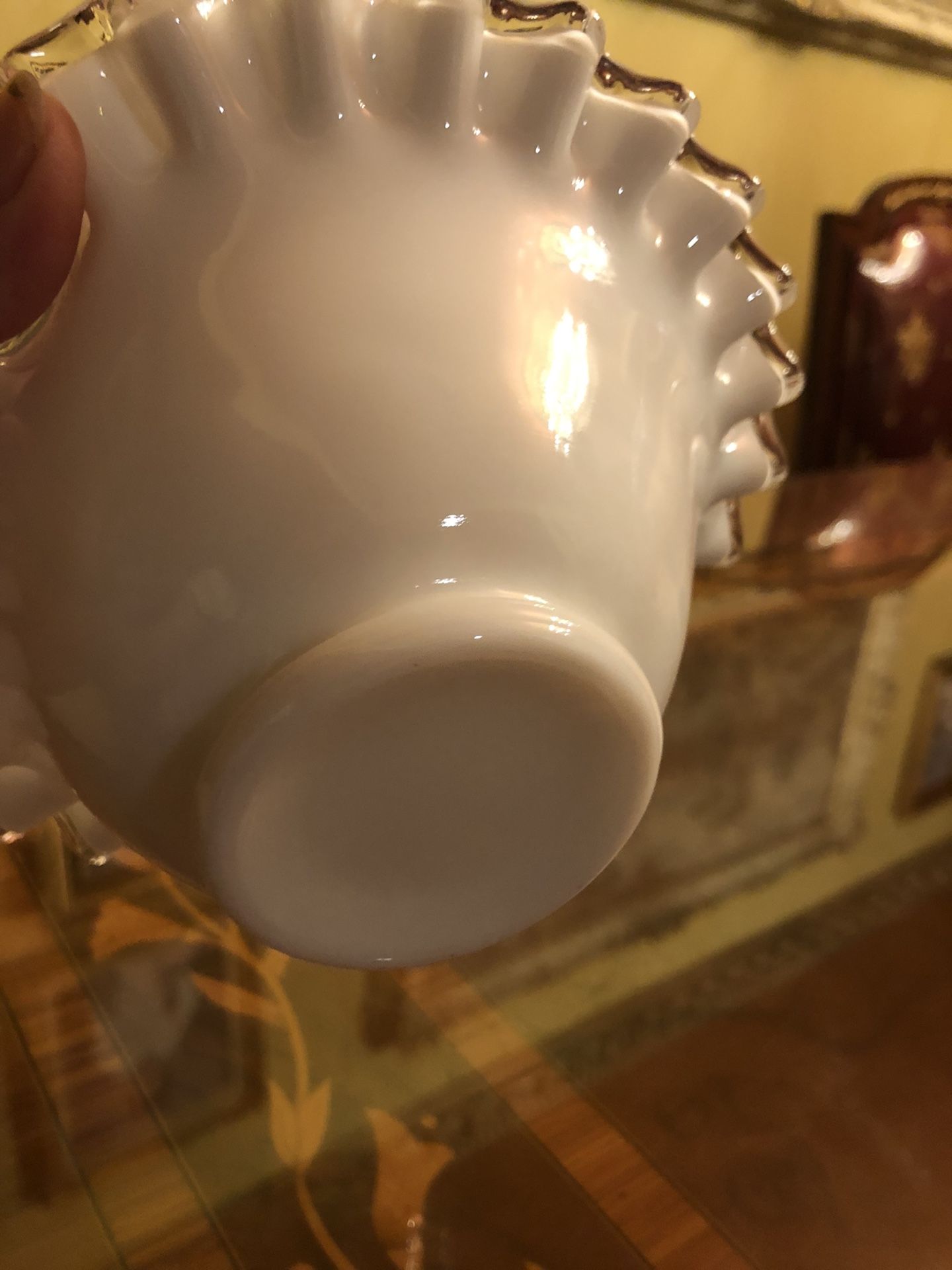 Vintage white milk glass 7 X 7 across basket with clear handle/trim ruffles