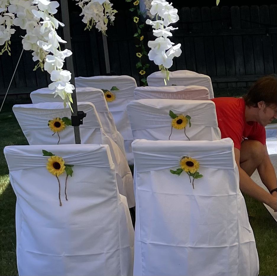 Sunflower Wedding/ White Chair Covers And Sunflower Ties