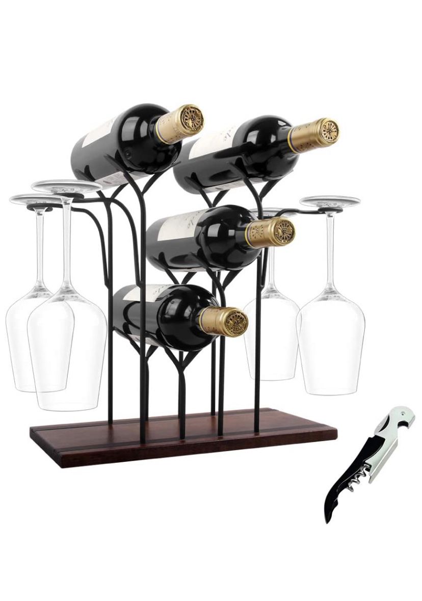 Wine Rack Countertop, Wine Holder and Glass Holder, Hold 4 Wine Bottles and 4 Glasses, Perfect for Home Decor & Kitchen Storage Rack, Bar, Wine Cellar