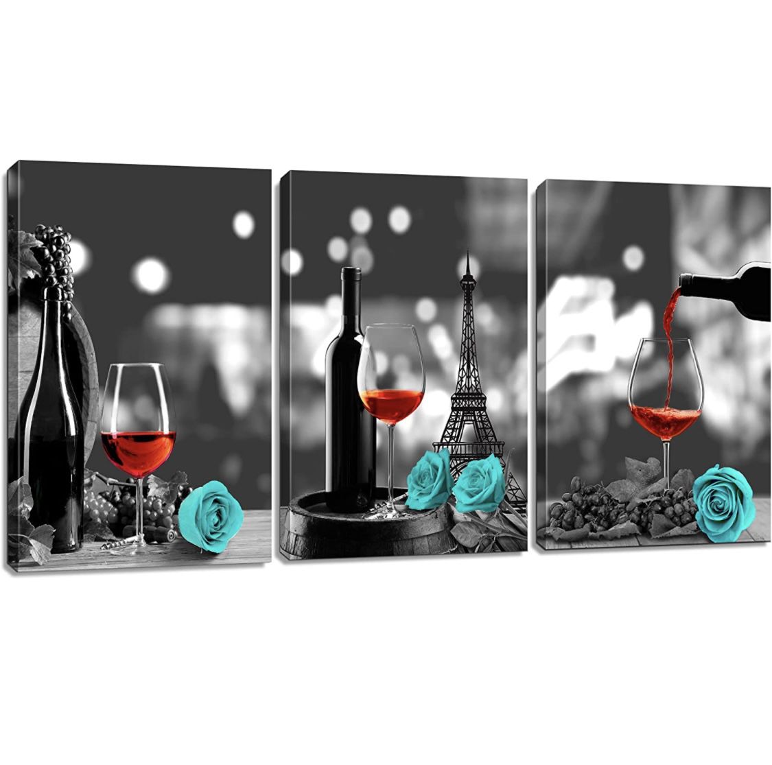Kitchen Wall Decor Canvas Wall Art Red Wine Teal Rose Artwork for Home Walls Black and White Painting Giclee Printed Dining Room Decor Turquoise Pine 