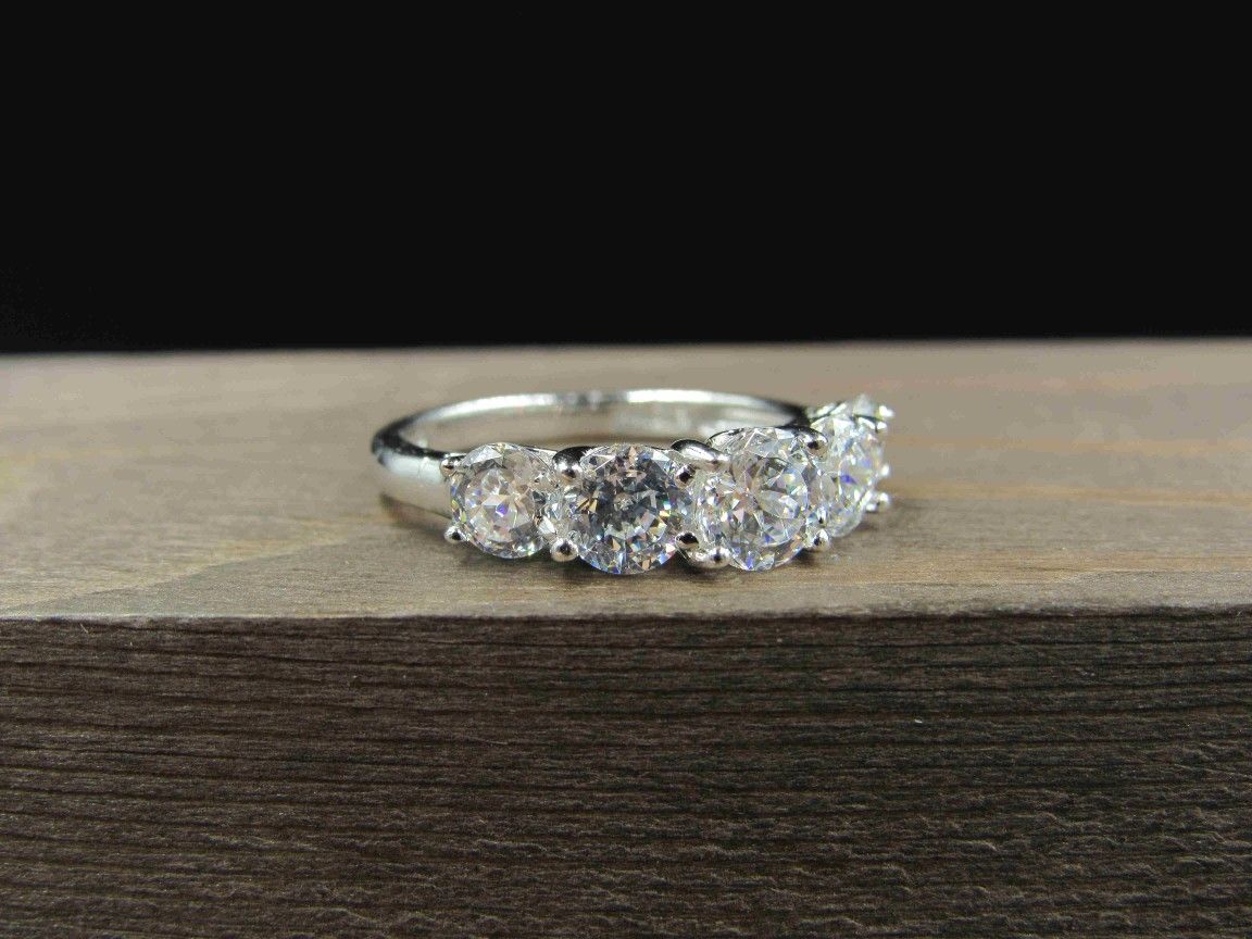 Size 7 Sterling Silver Five Round Cubic Zirconia Band Ring Vintage Statement Engagement Wedding Promise Anniversary Cocktail Friendship