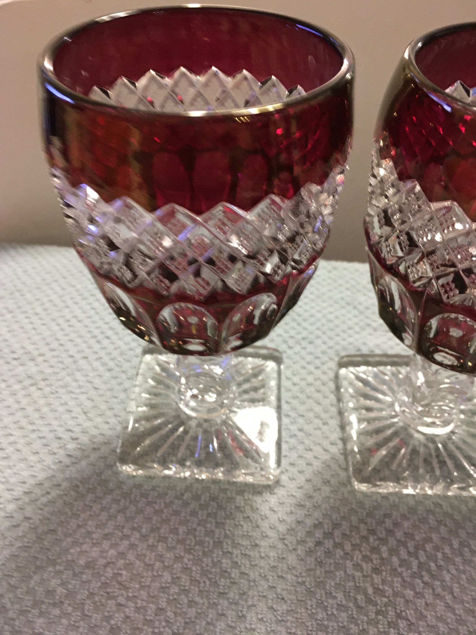 (2)  WESTMORELAND  ‘WATERFORD”  6  5/8” GOBLETS   CRANBERRY TO CLEAR ELEGANT GLASSWARE	