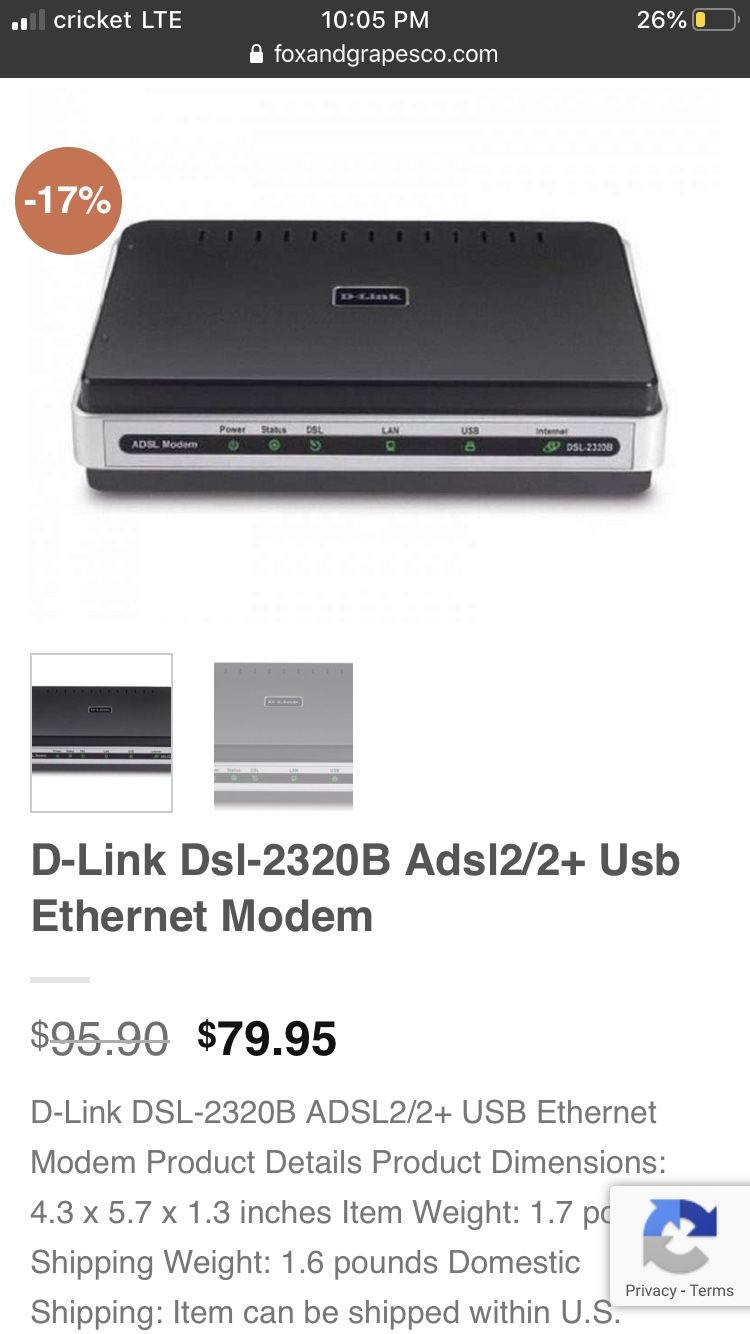 D-Link Dsl-2320B Adsl2/2+ Usb Ethernet Modem