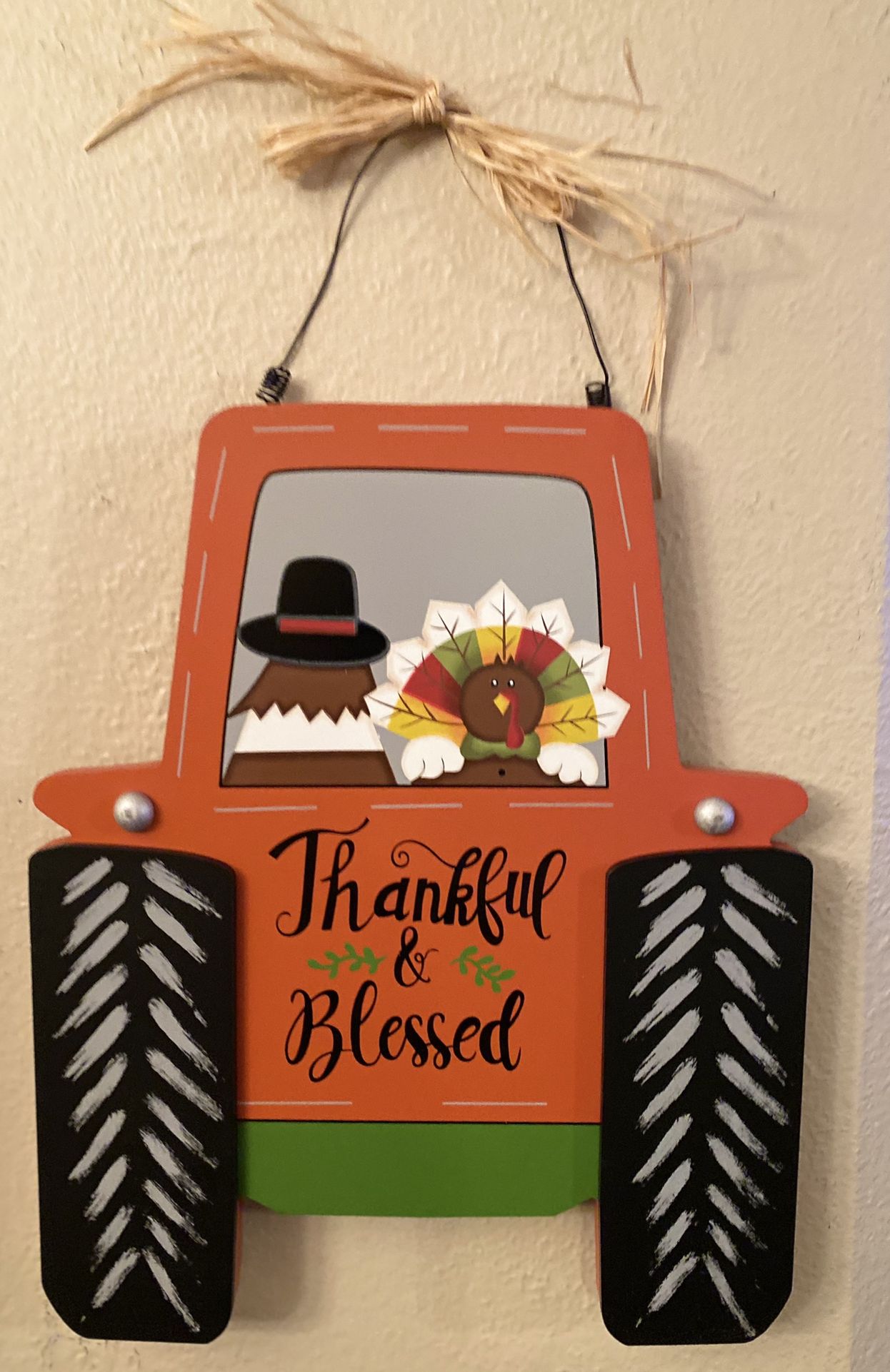 Fall Autumn Thankful & Blessed Pilgrim, Turkey & Farmhouse Tractor Hanging Wood Sign