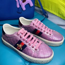 Gucci Womens Ace Crystal Rhinstone Shoes Sneakers Pink Red Green White size 41 Thumbnail