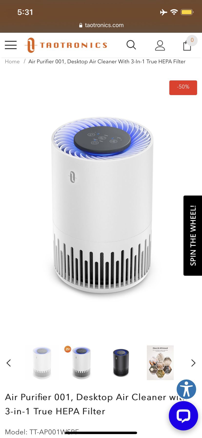 TaoTronics HEPA Air Purifier for Home, Desktop Air Cleaner with 3-in-1 True HEPA Filter, Sleep Mode, Low Noise, Night Light, 4 Fan Speeds