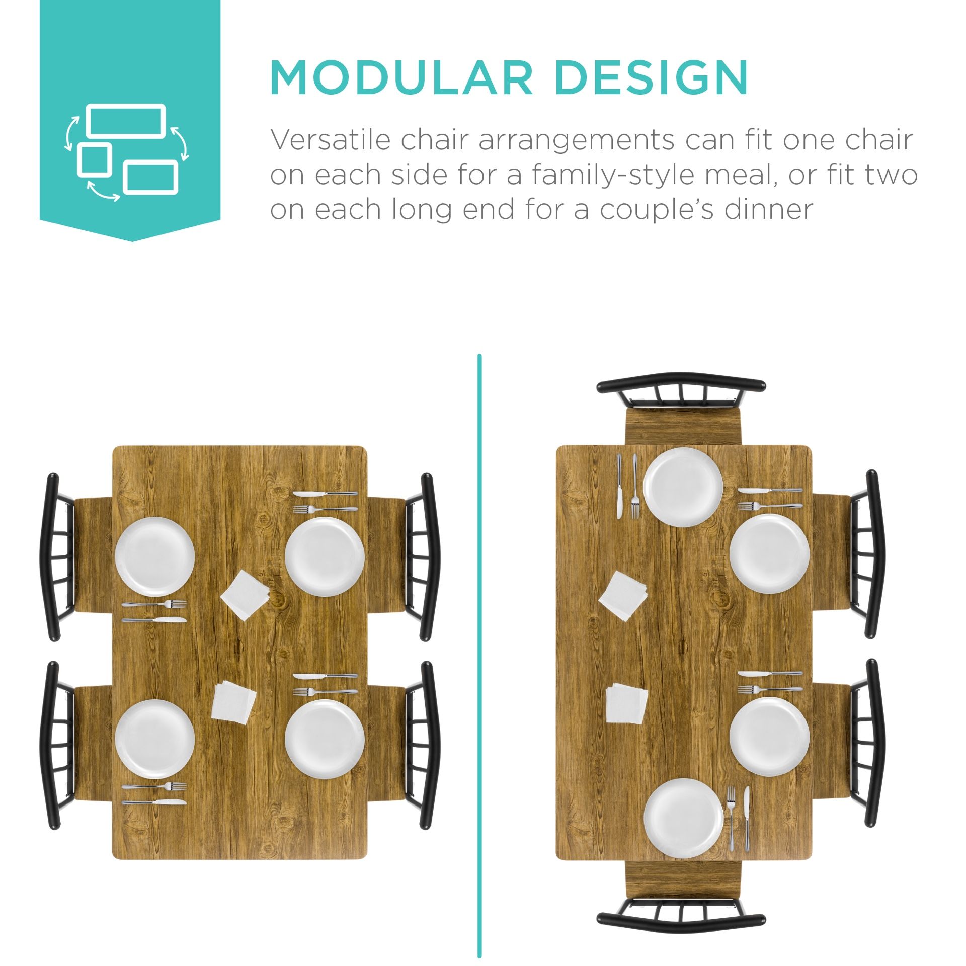 5-Piece Indoor Modern Metal and Wood Rectangular Dining Tàblè Fúrnïturè Set with 4 Chàîrs