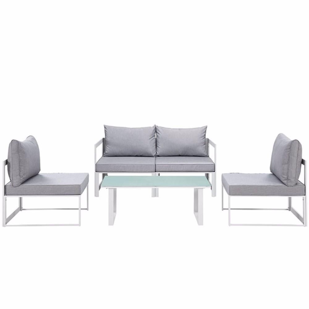 Fortuna 5 Piece Outdoor Patio Sectional Sofa Set, White Gray