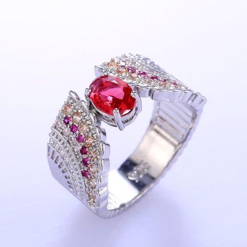 "Ethnic Oval Red Ruby Zircon Wings Vintage Silver Ring for Women, PD596
 