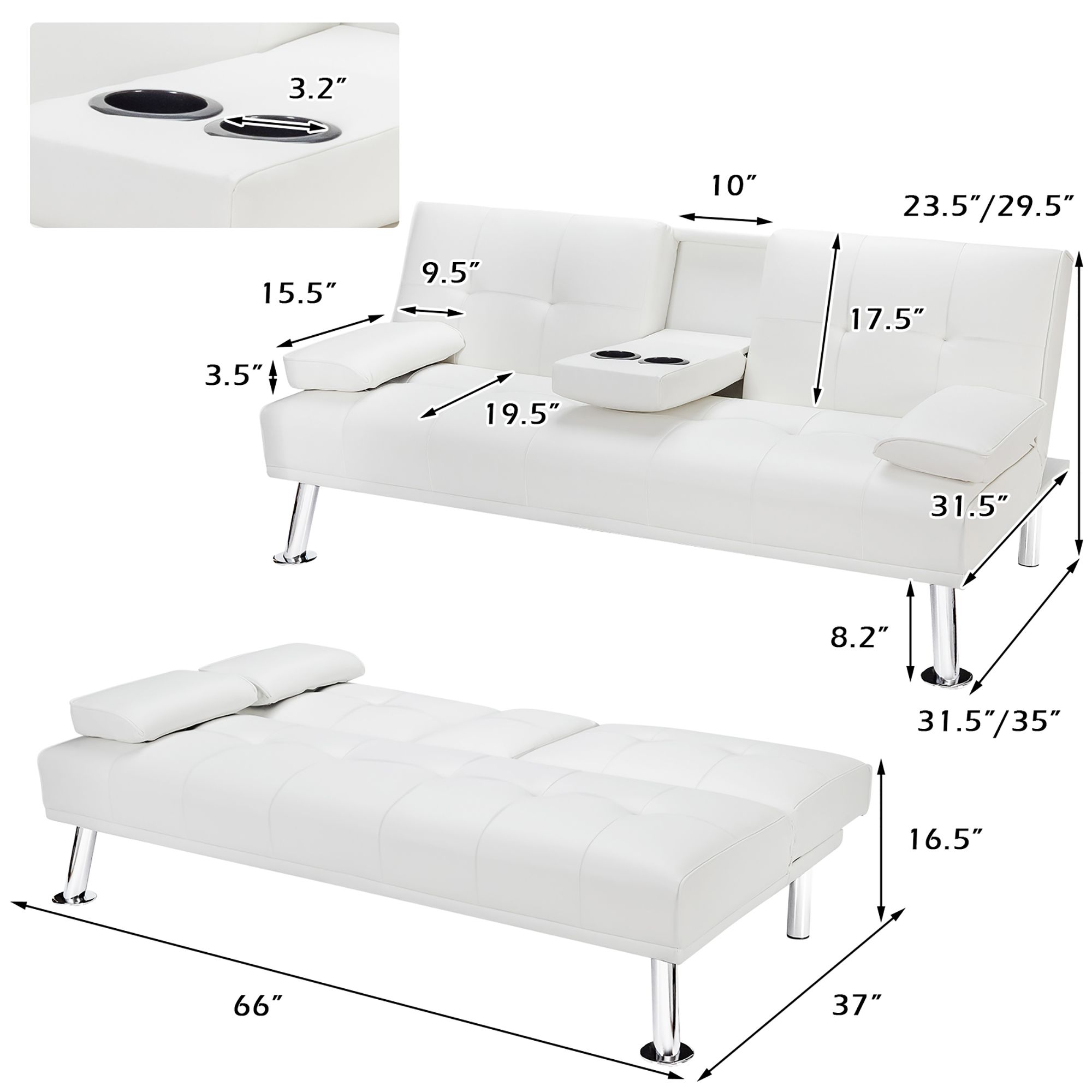 Costway Convertible Folding Futon Sofa Bed Leather w/Cup Holders&Armrests White