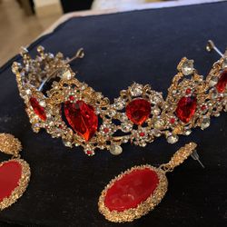 Red Crystal Princess Tiara Rhinestones Like Diamonds With Matching beautiful Earrings. In Its Case New Never Use Pd $139.00  Thumbnail