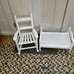 Wood Child/Doll Size Rocking Chair And Bed Thumbnail