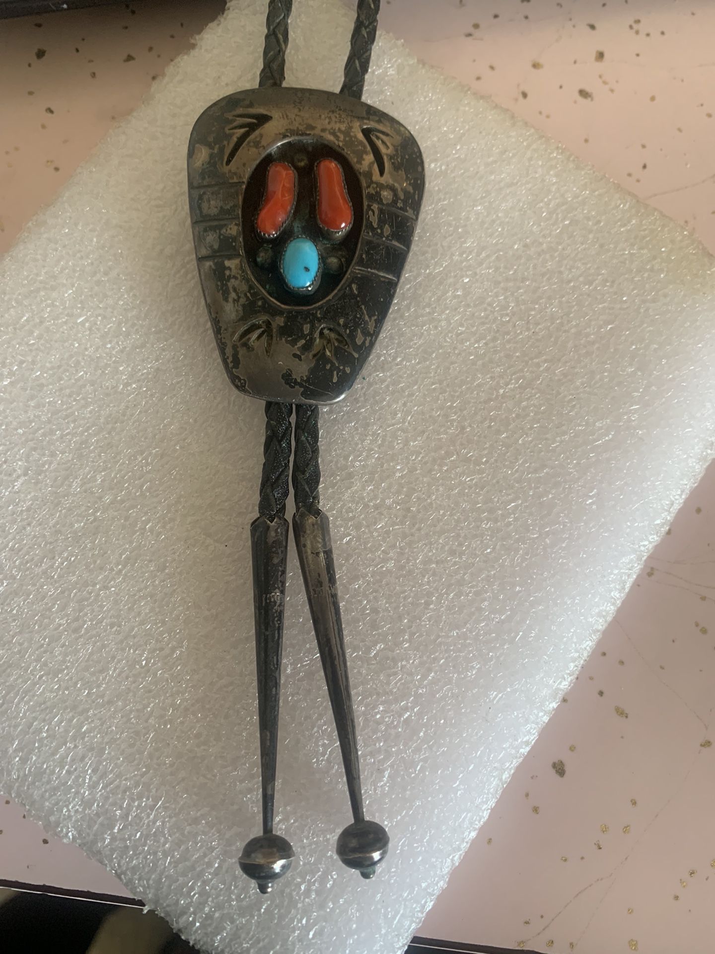 Vintage Sterling Navajo Turquoise and Coral Bolo , 