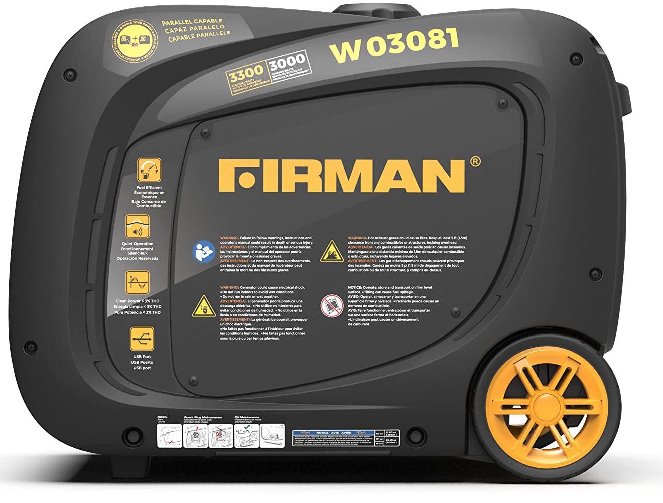 New Firman W03081 3300/3000 Watt Recoil Start Gas Portable Generator  Product details The Firman W03081 Inverter generator features 3300 starting watt