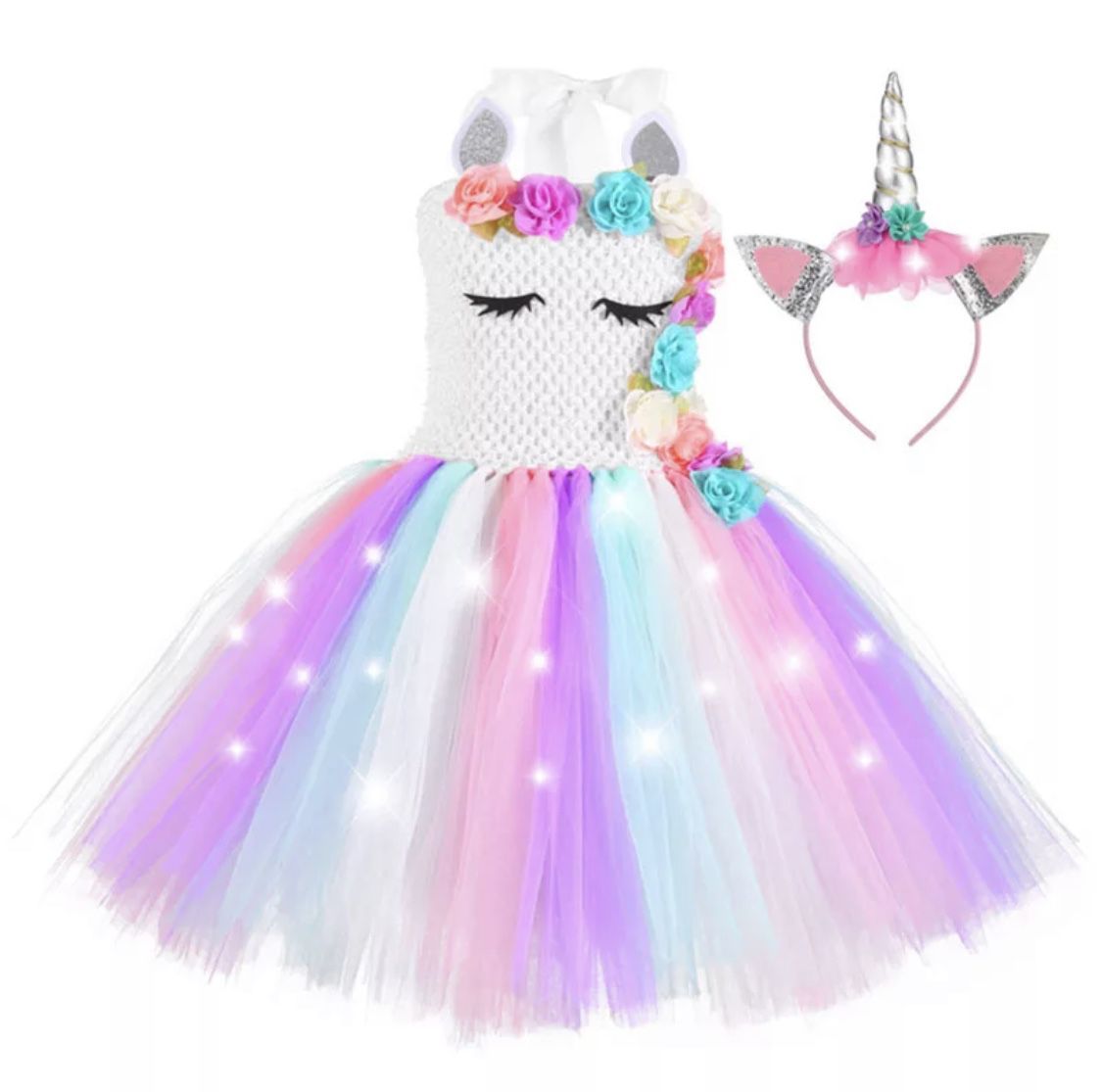 Brand New, Super cool lighted unicorn dress with lighted unicorn headband 🦄
