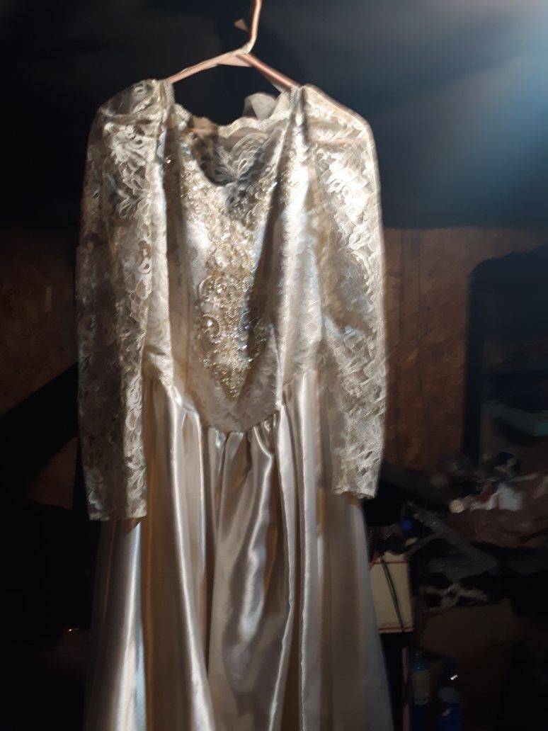 White satin and chantilly white lace wedding dress