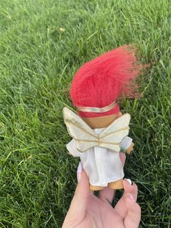 Vintage RUSS 6" Christmas Angel Wings Troll Doll Red Hair Toy  White Gold Halo Thumbnail