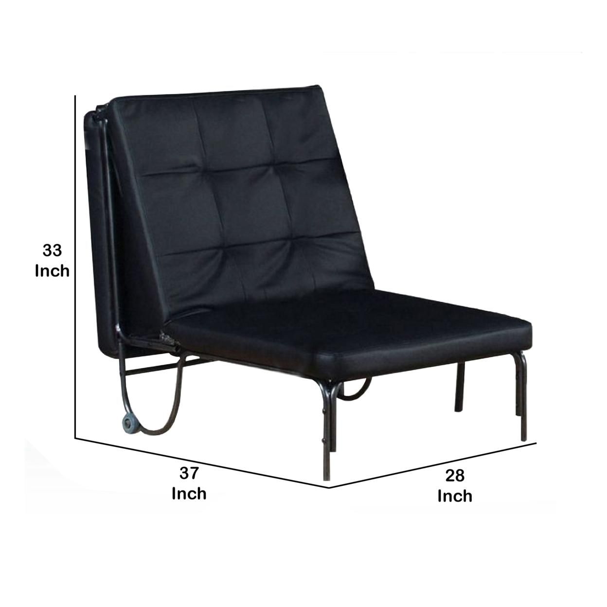 Saltoro Sherpi Adjustable Metal Futon with Faux Leather Upholstered Tufted Details and Casters, Black