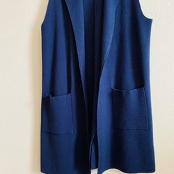 Dark blue long, Knitted, sleeveless cardigan , size L Thumbnail