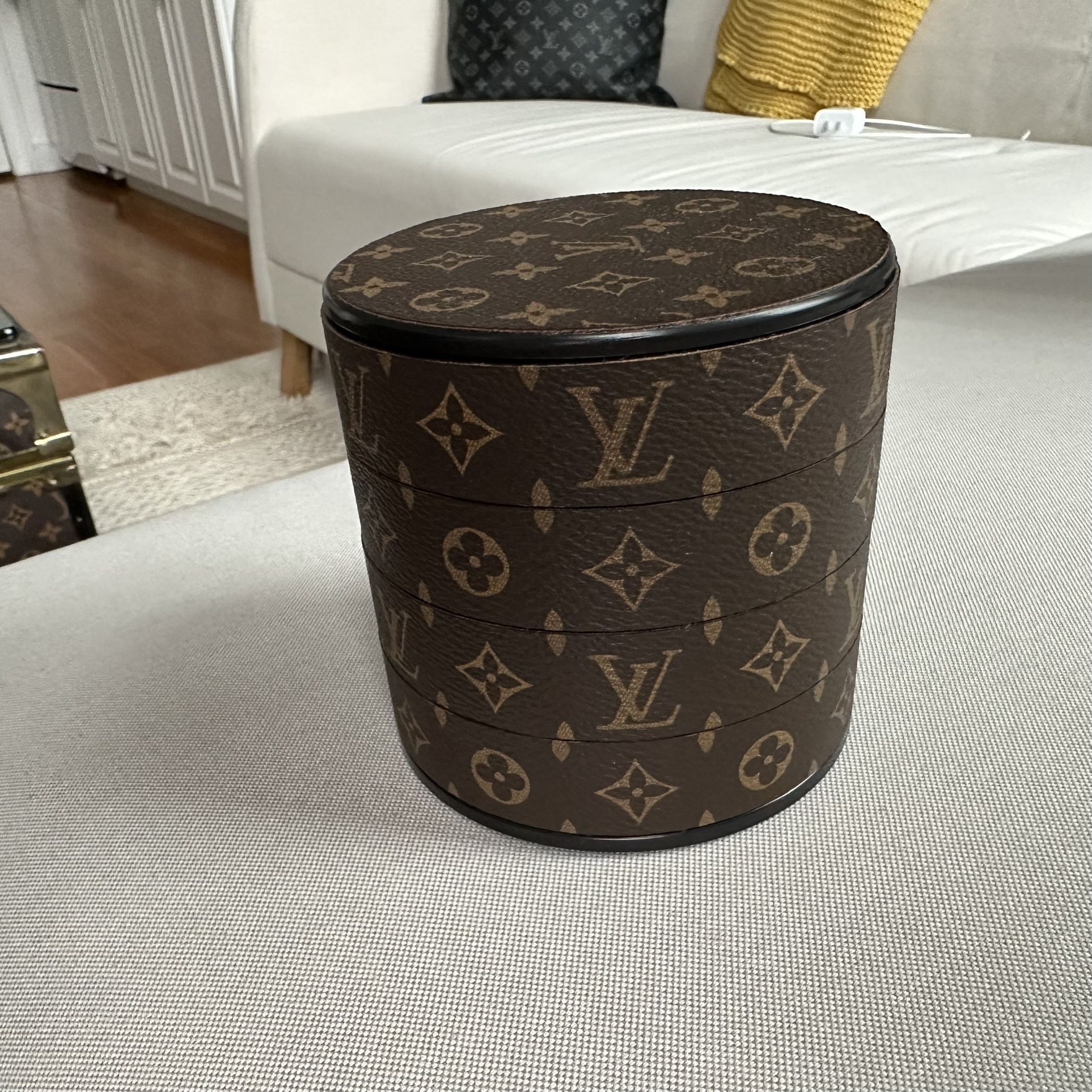 Louis Vuitton Jewelry Box Cylinder, Rotating Shelves, 4-Tier, With Mirror