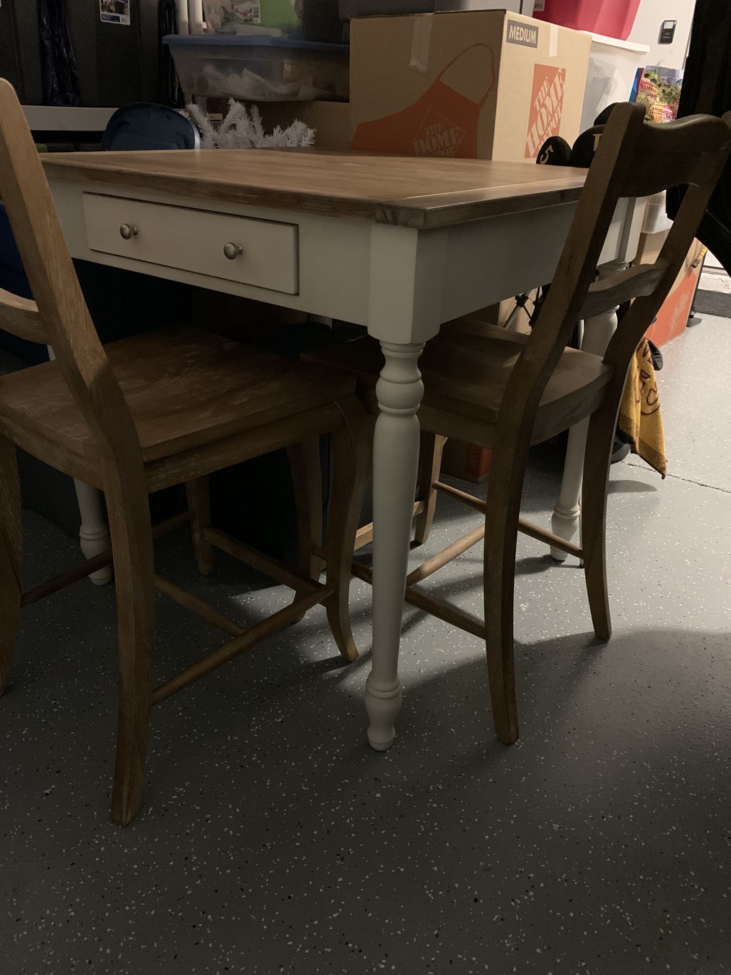 Pier 1 modern farmhouse tall kitchen table with 2 chairs and cushions
