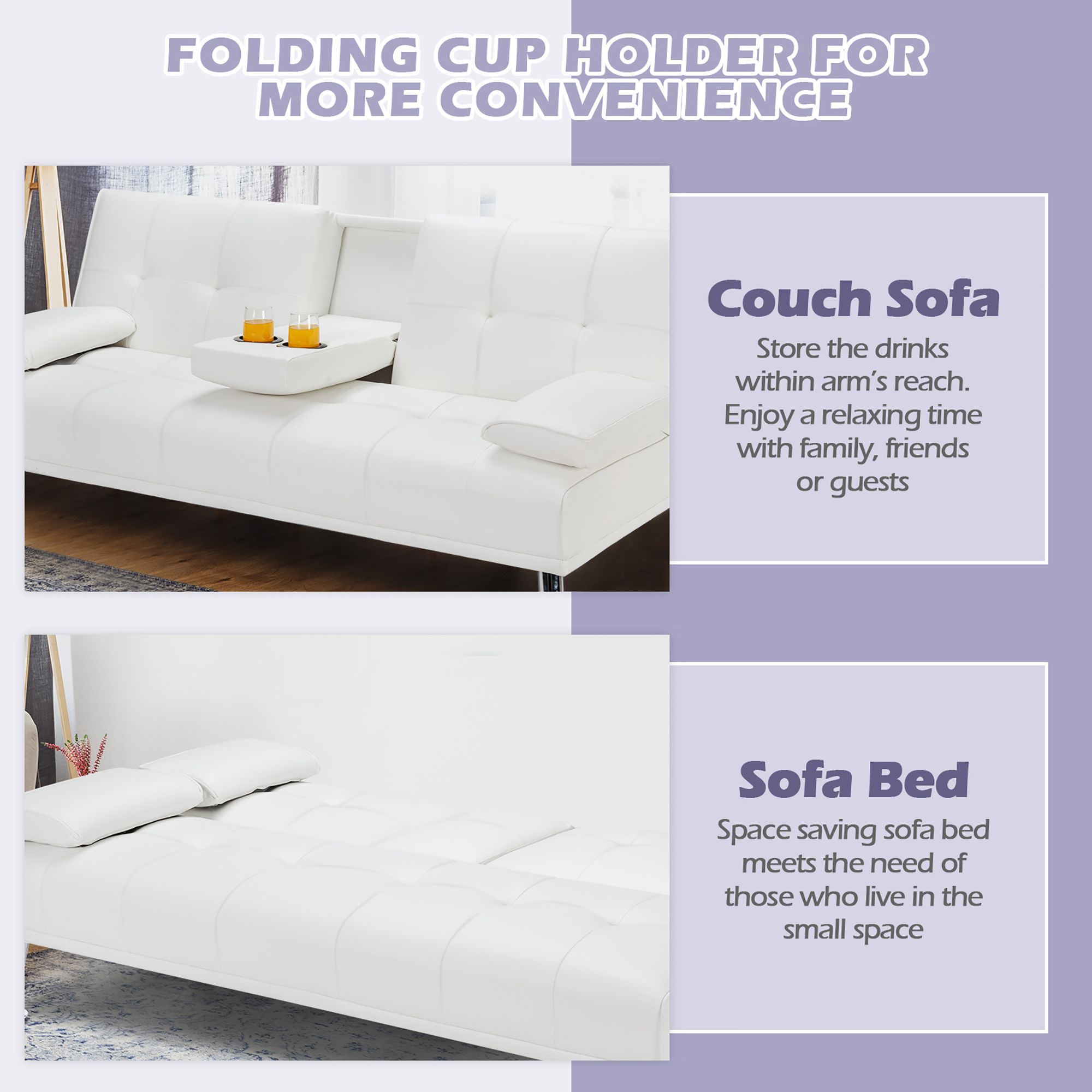 Costway Convertible Folding Futon Sofa Bed Leather w/Cup Holders&Armrests White