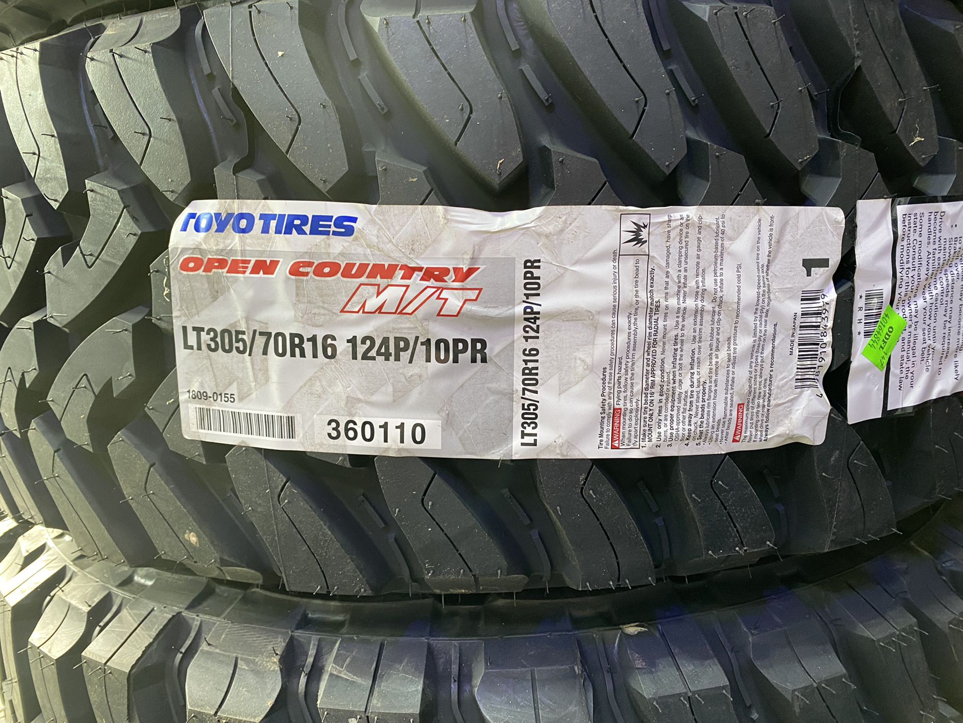 Toyo Tire Open Country M/T Mud-Terrain Tires (2) 305/70R16 (2) 255/85R16 NEW Staggered 33"