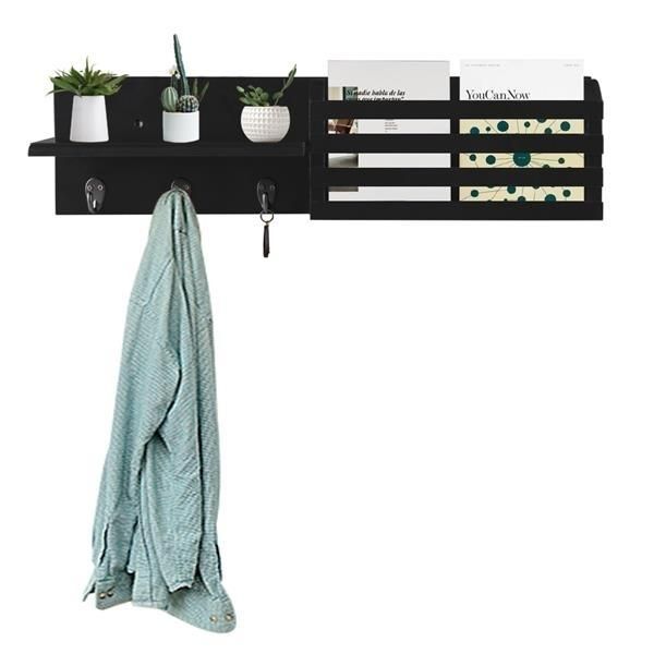 Wall Shelf and Mail Holder with 3 Hooks, 24-Inch by 6-Inch, Black