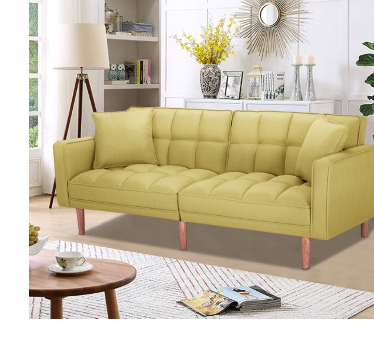 Futon, Sofa, Sofa Bed, Yellow, Faux Leather