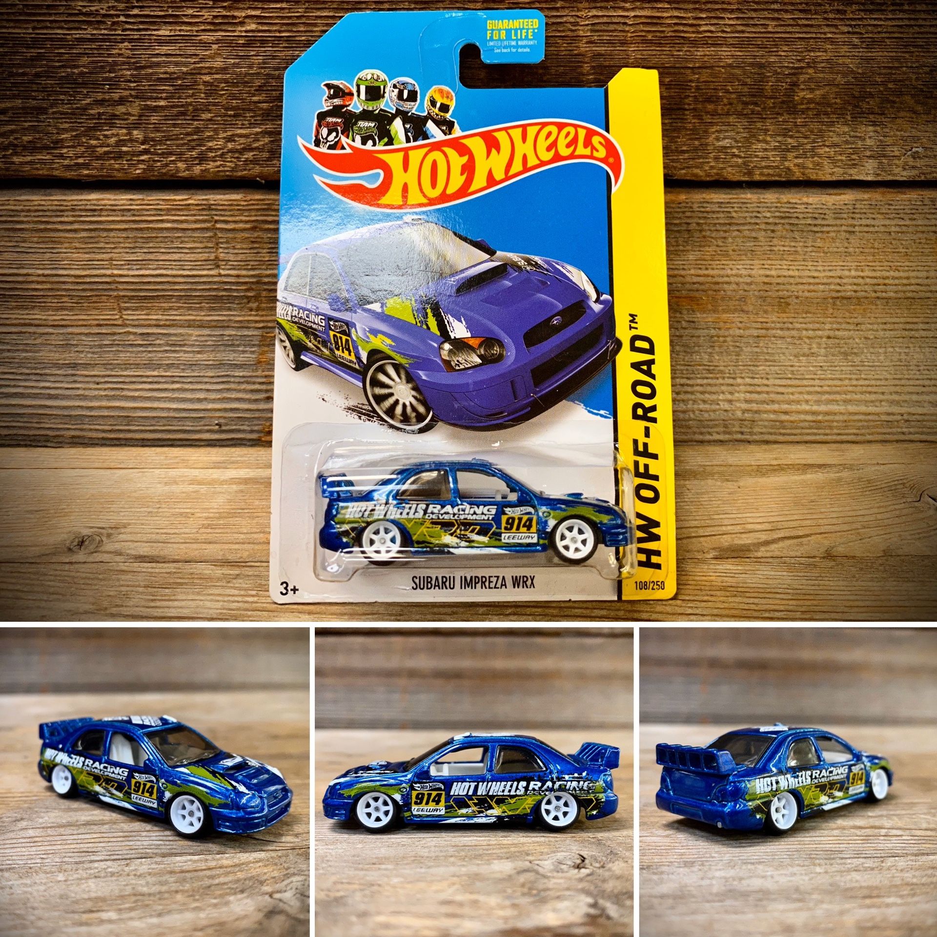 REPACKAGED CUSTOM 1:64 Subaru Impreza WRX - Hot Wheels (Lowered + camber with upgraded premium 7-spoke white wheels)