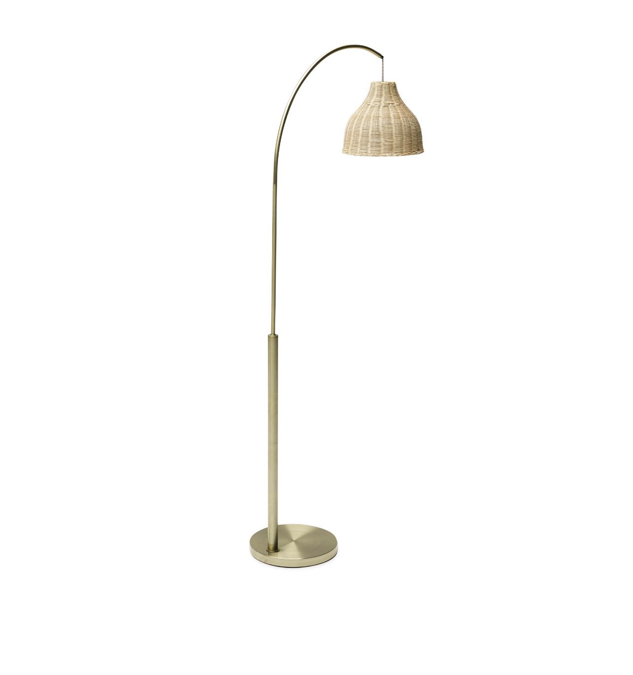 Antique BrassColor Arch Floor Lamp with Rattan Shade by Drew Barrymore Flower Home