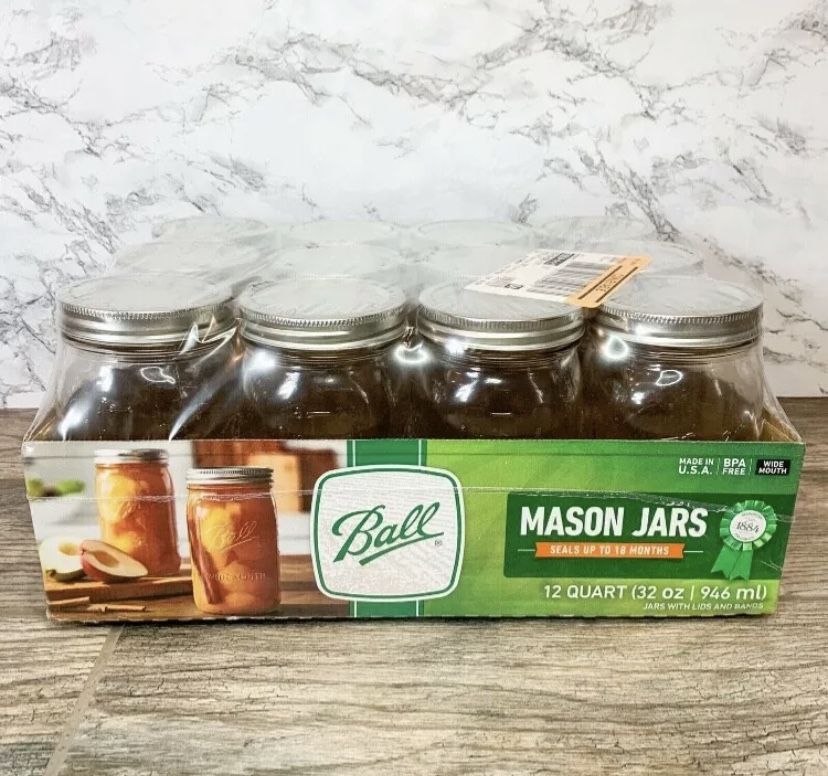 BALL 12PK 32oz WIDE Mouth Quart Canning Mason Jars, Lids & Bands Clear Glass