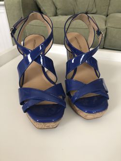 Antonio Melani Blue Sydniee Leather Cork Wedge Heels Size 8 Thumbnail