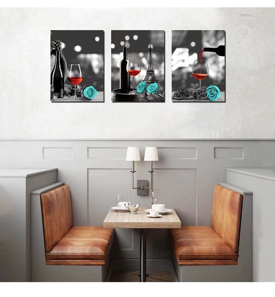 Kitchen Wall Decor Canvas Wall Art Red Wine Teal Rose Artwork for Home Walls Black and White Painting Giclee Printed Dining Room Decor Turquoise Pine