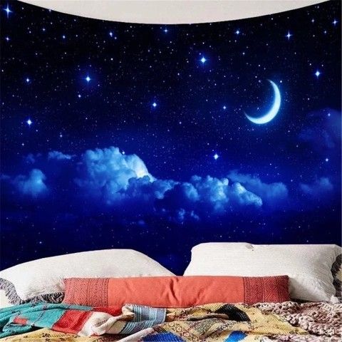 Moon and Stars Tapestry Wall Hanging Blue Starry Galaxy Tapestry Universe Night Sky Tapestry for Bedroom Living Room Tapiz