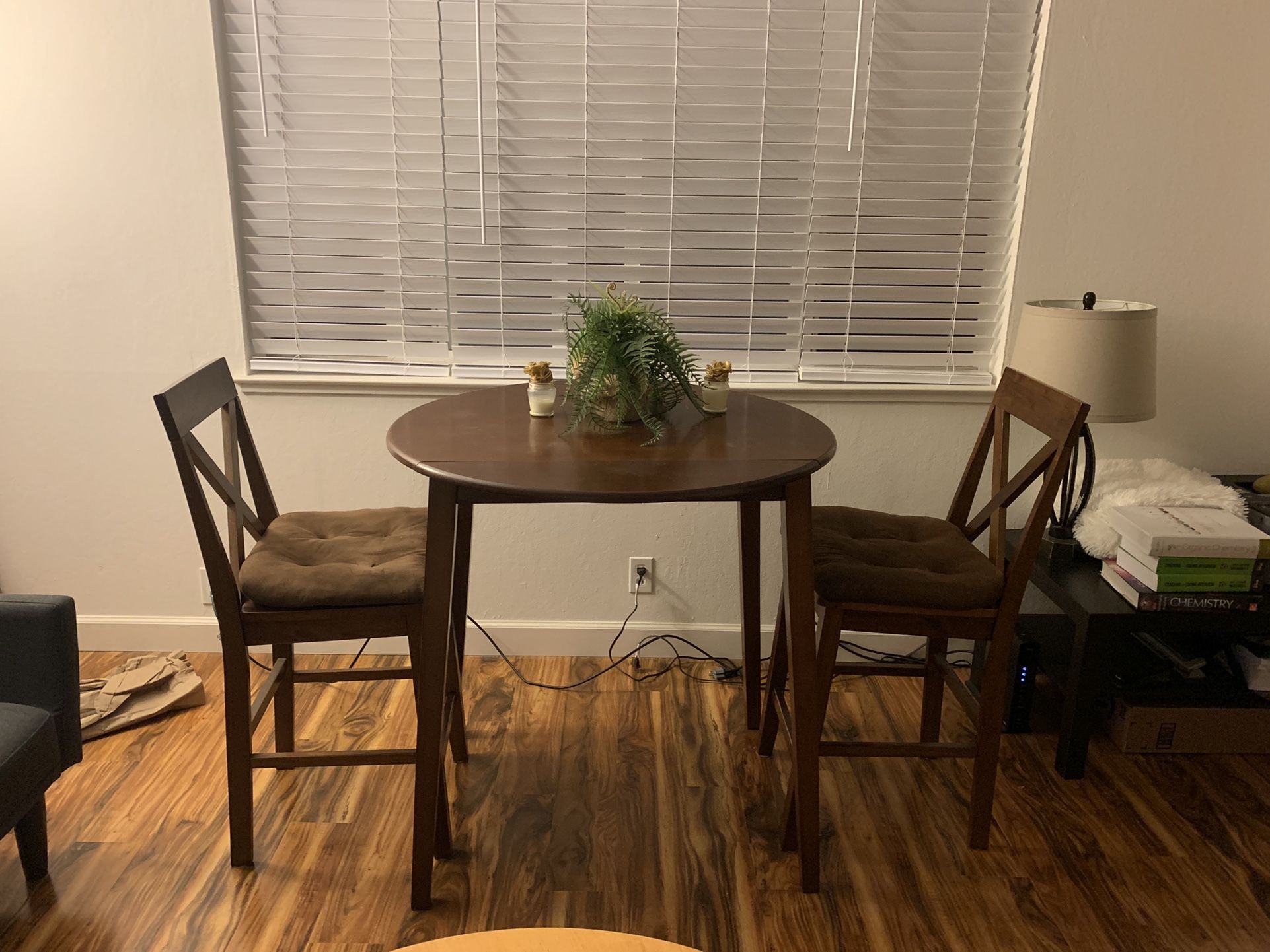 Brown High top Table And 2 Additional Ikea Chairs