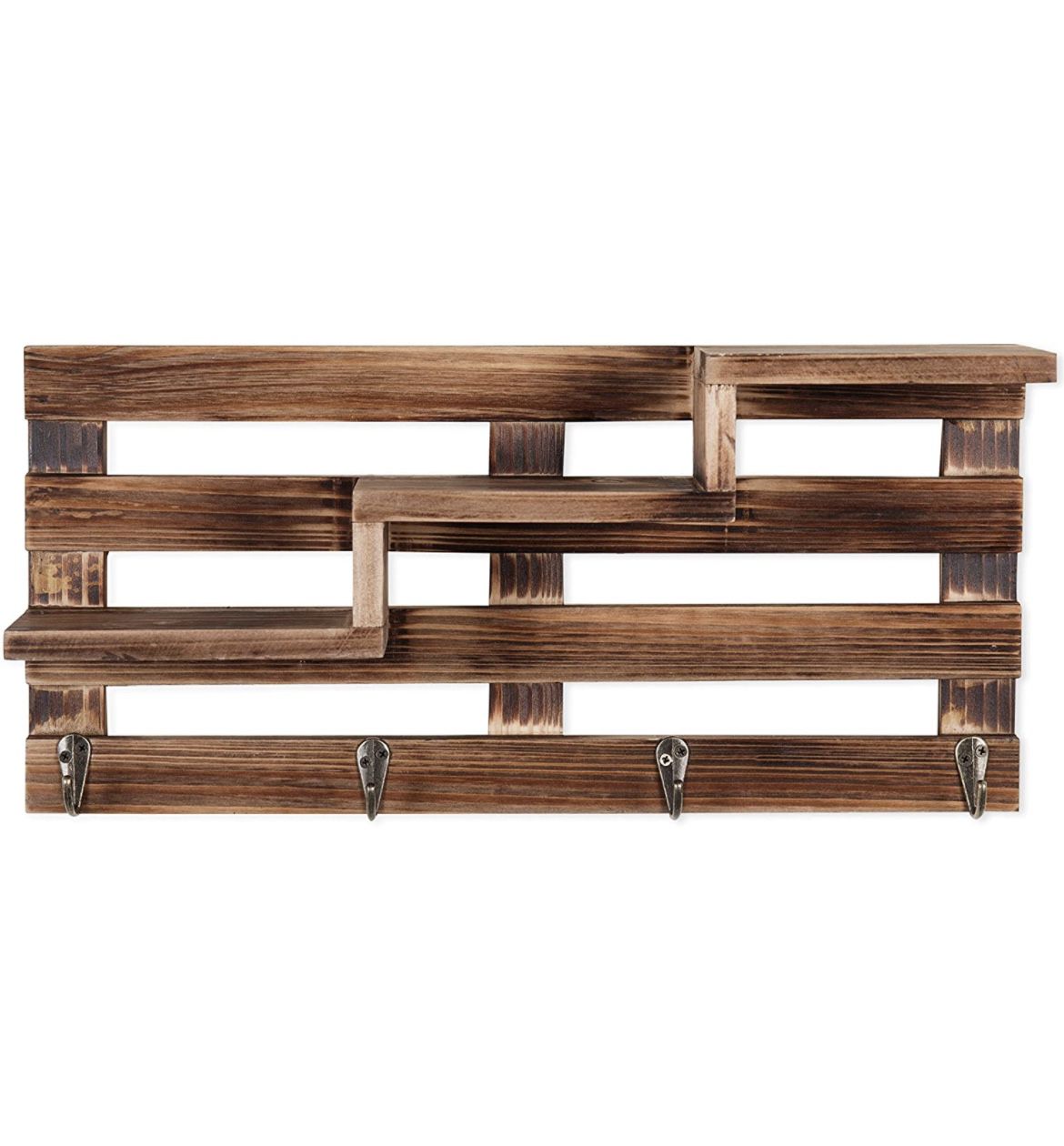 Key Rack for Wall, Rustic Burnt Wood Entryway Key Holder with Tiered Floating Shelves